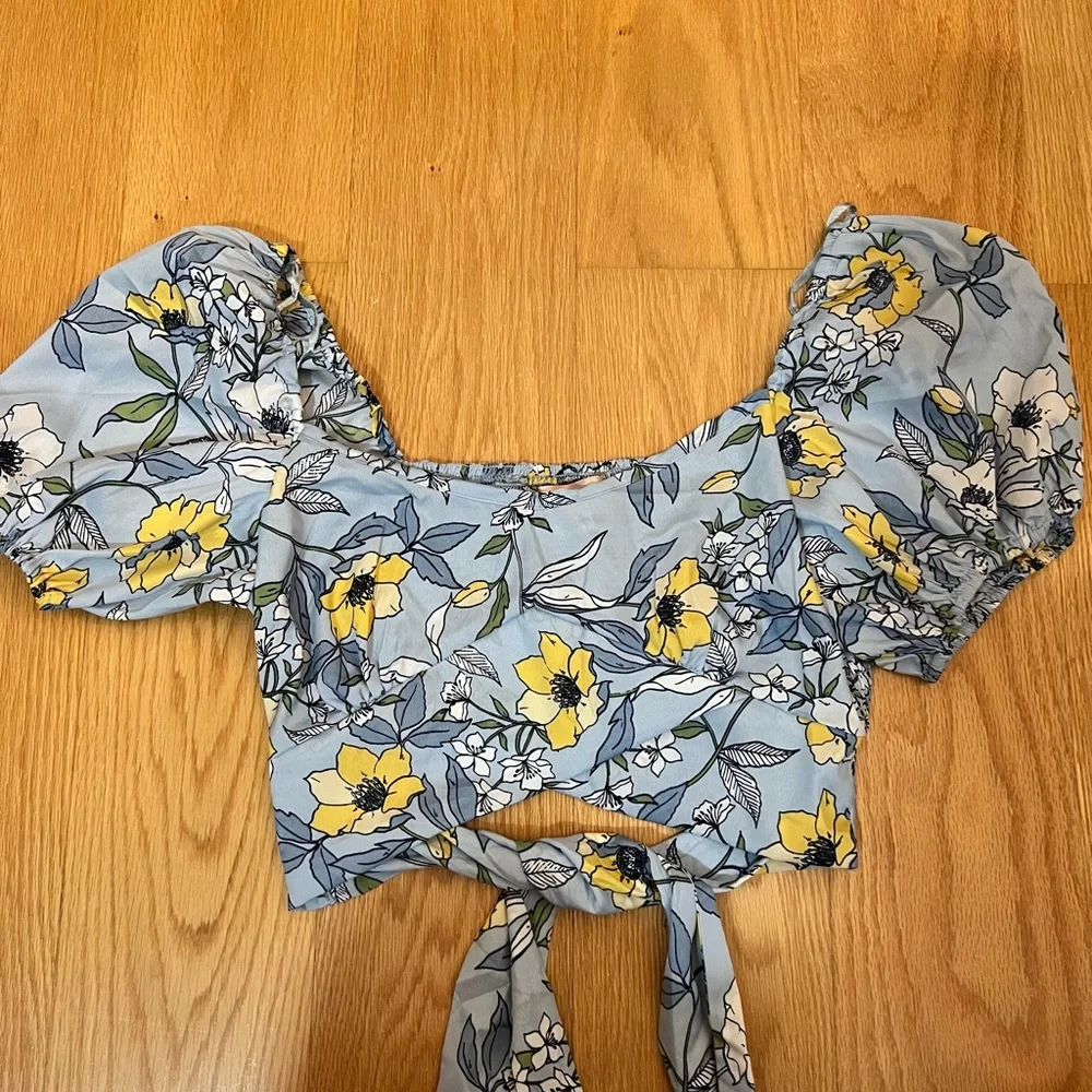 Puffy Sleeved Crop Top With Tie in Back - Picture 1 of 9